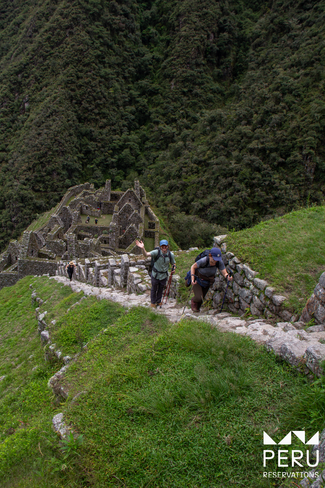 Hikers descending Inca staircases to Wiñay Wayna